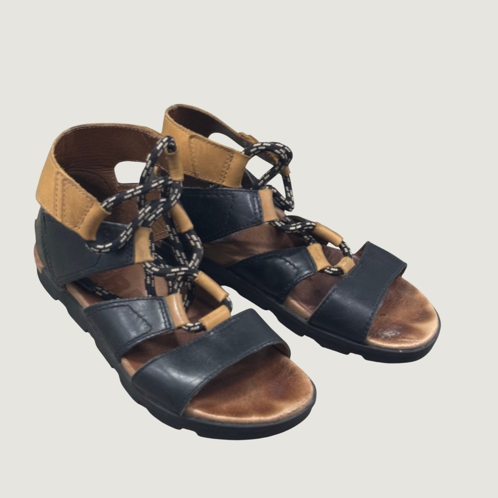 Sorel Ella Lace Up Gladiator Sandals Black Tan Leather Womens 8 NL2496-010